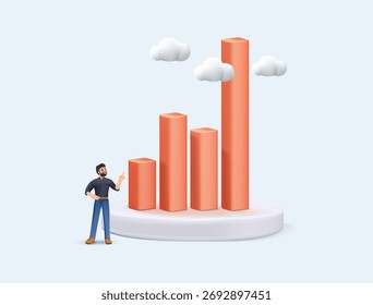 Business growth graph and chart, 3D render vector illustration, investment profit increase, return or earning rising up, upward trend or boost business growth, businessman look at bar chart rising up