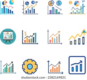 Business growth graph, Chart and Diagram Line Icons. Bar Graph, Stock Market Exchange