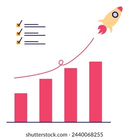 Business growth graph with rocket. Vector illustration in flat style with startup theme. Editable vector illustration.