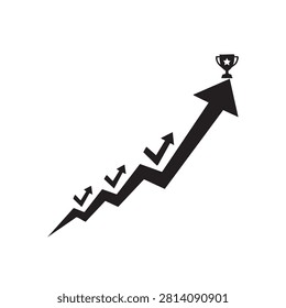 Business growth graph with upward trending arrow pointing toward champion trophy symbol conceptual illustration for success progress milestones and achievement targets black flat vector graphic icon representing professional advancement and performance excellence on clean white background space.