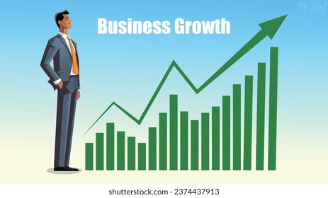 Business growth graph. Vector illustration in flat cartoon style. Businessman with growth chart.