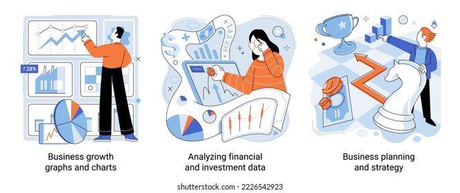 Business growth graphs and charts. Analyzing financial and investment data, planning and strategy. Analytics information and development statistics. Testing with analysis charts. Statistical indicator