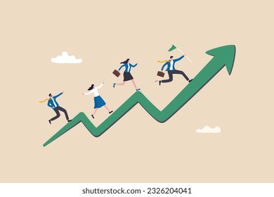 Crecimiento de la empresa, crecimiento al éxito, desarrollo de la carrera o progreso en ascenso de flecha, motivación de equipo o estrategia para alcanzar el concepto objetivo, empleados de la empresa corriendo en crecimiento aumentando flecha.