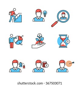 Business growth and human resource management flat style icons. Thin line art illustrations isolated on white.