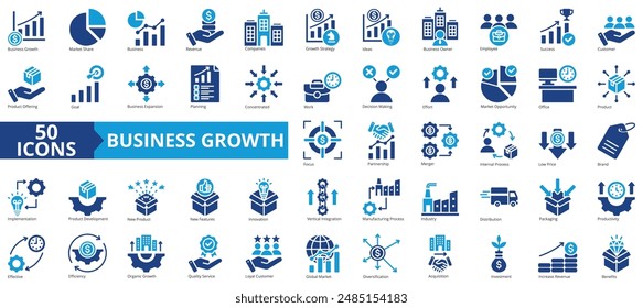 Symbol für Unternehmenswachstum-Kollektion. Markanteil, Planung, Umsatz, Entscheidungsfindung, Strategie, Idee, Verkaufschancensymbol beinhalten. Einfache flache Vektorgrafik