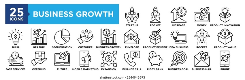 Business Growth icon collection set. Containing design Start Up, Rocket, Increase, Money, Product Innovation