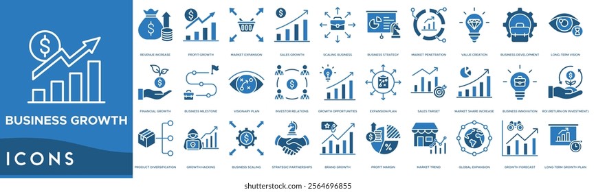 Business growth icon. Revenue Increase, Profit Growth, Market Expansion, Sales Growth and Scaling Business