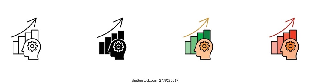 Business growth icon set with bar chart, upward arrow, and human head gear. Isolated vector illustration of strategic thinking and financial success symbols in outline and flat styles.