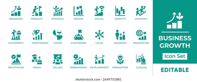 Business Growth Icon Set. Features icons of success metrics, revenue increase, performance, strategy, and leadership. Perfect for startups, reports, and corporate use.