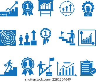 Business growth icon set, business improving icon set blue vector