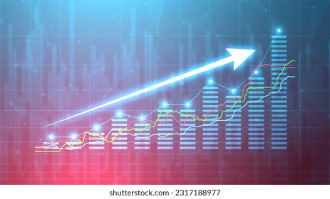 Business growth illustration with the bar chart static and up arrow. Successful financial graphic on blue background. Stock market growth in futuristic technology style.