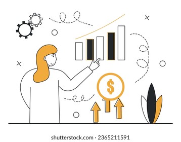 Business growth illustration. Characters analyze investments, observe financial success and money growth. Business growth concept. Vector illustration.