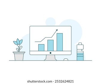 Ilustración del crecimiento del negocio con la pantalla en blanco del monitor de la computadora y el pote de la flor y la botella de agua PC, escritorio, monitor, Ilustración vectorial plana del ordenador portátil