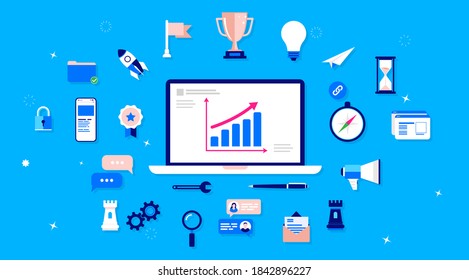 Business growth illustration and objects - Computer with rising chart and various icons about marketing, success and development. Vector format.