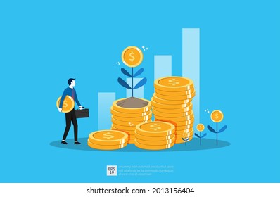 Business growth illustration for smart investment concept. Profit performance or income with pile coins and plant of money symbol