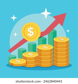 Business growth illustration for smart investment concept. Profit performance or income with pile coins symbol of return on investment ROI