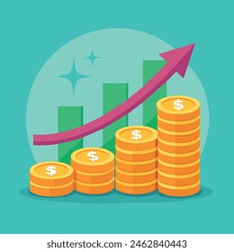 Business growth illustration for smart investment concept. Profit performance or income with pile coins symbol of return on investment ROI