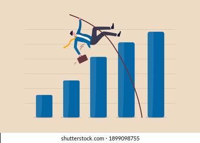 Business growth, improvement or high percentage increase of earning and profit, financial achievement after economic recovery concept, businessman jumping pole vault over growth bar graph.