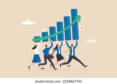 Business growth, improvement or progress to success, team planning and strategy to achieve success, growing or progress concept, business people employees help carrying growing graph together.