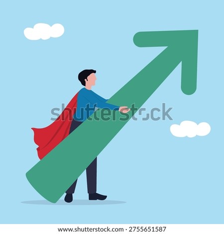 Business growth and improvement strategy concept illustration. Improvement, change or growing business, Superhero man pushing upward growth arrow. Growing business success and development concept.