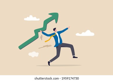 Business growth and improvement, target high profit, stock market soaring, bull market or economic prosperity concept, strong businessman throwing green rising up arrow javelin.