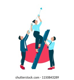 Business growth improvement vector illustration. Company people or managers on ladder apply efforts for company success development and promotion holding or lifting diagram chart up