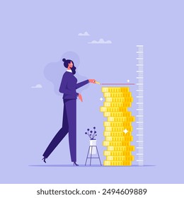 Business growth or income growth concept, businesswoman with a pencil measuring the height of a pile of gold coins, revenue growth, the measurement of income