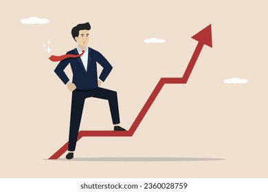 Business growth, increase in sales, investment or profit growth, development concept, confident businessman standing with rising graph. Illustration of a successful businessman.