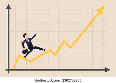 Business growth, increase in sales, investment or profit growth, development concept, confident businessman running on a rising graph. Vector illustration of a successful businessman.