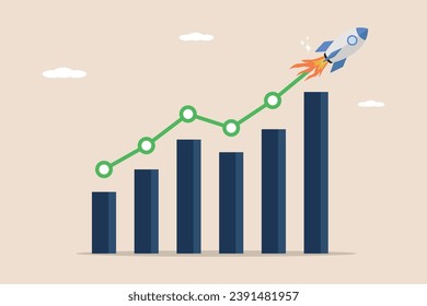 Geschäftswachstum, Umsatzsteigerung, Investitionswachstum oder Gewinn, Entwicklungskonzept, Raketenflug auf einem Balkendiagramm des Wachstums oder Einkommenssteigerung.