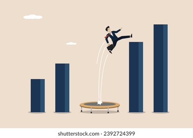 Business growth, increase in sales, investment or profit growth, smart businessman playing trampoline towards the top of the high chart.