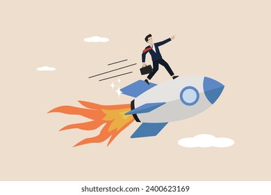 Business growth, increase in sales, investment or profit growth, development concept, businessman riding a rocket to increase income graph.