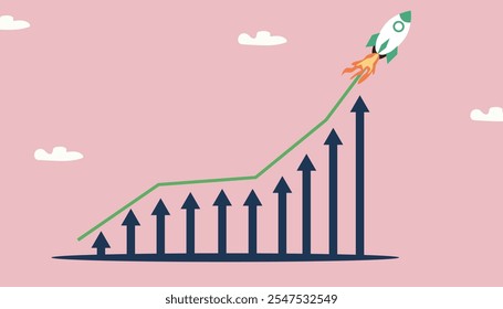 Geschäftswachstum, Umsatzsteigerung, Investitionswachstum oder Gewinn, Entwicklungskonzept, Raketenflug auf einem Balkendiagramm, Vektorgrafik, Designhintergrund
