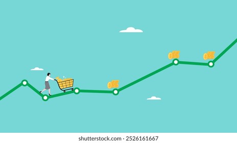 business growth with increased income, affiliate marketing illustration, financial growth chart, business success process in progress, businesswoman pushing the shopping cart full of money