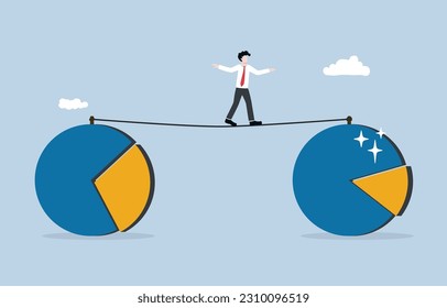 Business growth, increasing profit, conquering market share, optimization for better outcome concept, Acrobatic businessman walking on rope to pie chart of better success.