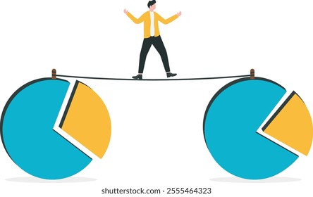 Business growth, increasing profit, conquering market share, optimization for better outcome concept, Acrobatic businessman walking on rope to pie chart of better success.
