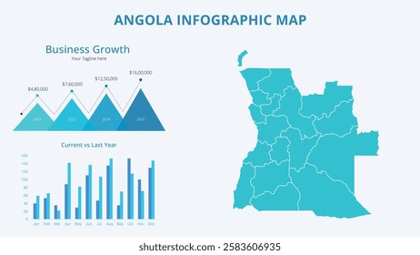Business Growth Infographic Map of Angola. Vector Map of a global map in the form of regions of Angola. Infographic timeline. Easy to edit