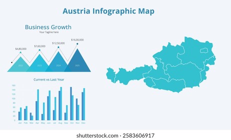 Business Growth Infographic Map of Austria. Vector Map of a global map in the form of regions of Austria. Infographic timeline. Easy to edit