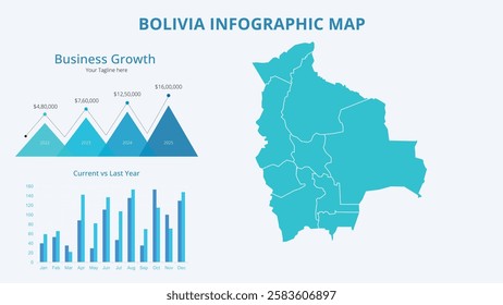 Business Growth Infographic Map of Bolivia. Vector Map of a global map in the form of regions of Bolivia. Infographic timeline. Easy to edit