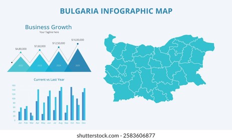 Business Growth Infographic Map of Bulgaria. Vector Map of a global map in the form of regions of Bulgaria. Infographic timeline. Easy to edit