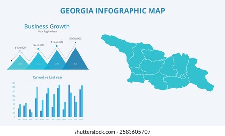 Business Growth Infographic Map of Georgia. Vector Map of a global map in the form of regions of Georgia. Infographic timeline. Easy to edit