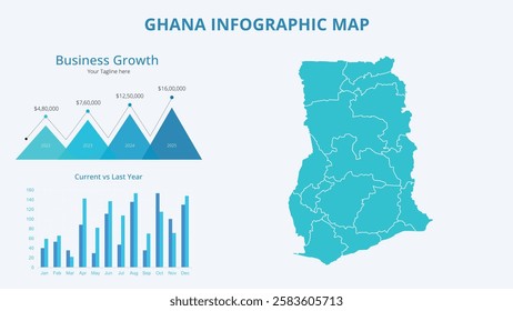 Business Growth Infographic Map of Ghana. Vector Map of a global map in the form of regions of Ghana. Infographic timeline. Easy to edit