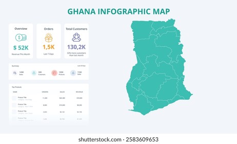 Business Growth Infographic Map of Ghana. Orders, Customers, Sales Overview and product Infographic Map of Ghana. Easy to edit