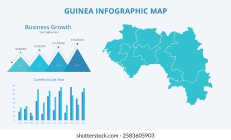 Business Growth Infographic Map of Guinea. Vector Map of a global map in the form of regions of Guinea. Infographic timeline. Easy to edit