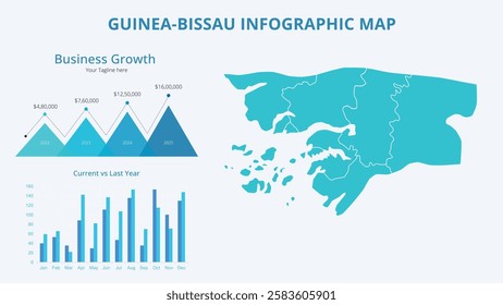 Business Growth Infographic Map of Guinea-Bissau. Vector Map of a global map in the form of regions of Guinea-Bissau. Infographic timeline. Easy to edit