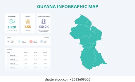 Business Growth Infographic Map of Guyana. Orders, Customers, Sales Overview and product Infographic Map of Guyana. Easy to edit