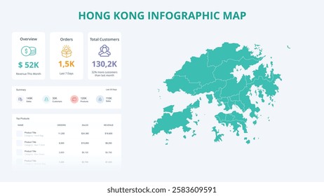 Business Growth Infographic Map of Hong Kong. Orders, Customers, Sales Overview and product Infographic Map of Hong Kong. Easy to edit