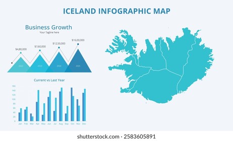 Business Growth Infographic Map of Iceland. Vector Map of a global map in the form of regions of Iceland. Infographic timeline. Easy to edit