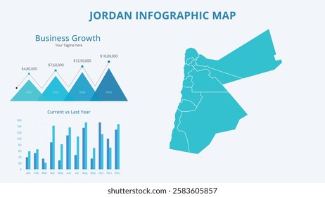 Business Growth Infographic Map of Jordan. Vector Map of a global map in the form of regions of Jordan. Infographic timeline. Easy to edit
