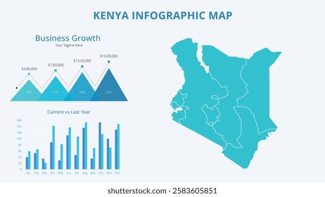 Business Growth Infographic Map of Kenya. Vector Map of a global map in the form of regions of Kenya. Infographic timeline. Easy to edit